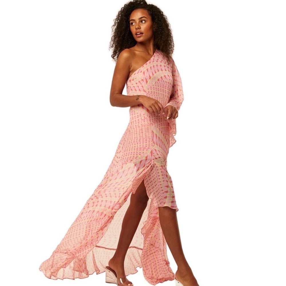 NWT Misa LA Gaia One Shoulder Maxi Dress Sheer Peach Geo Print Size XS Whimsical